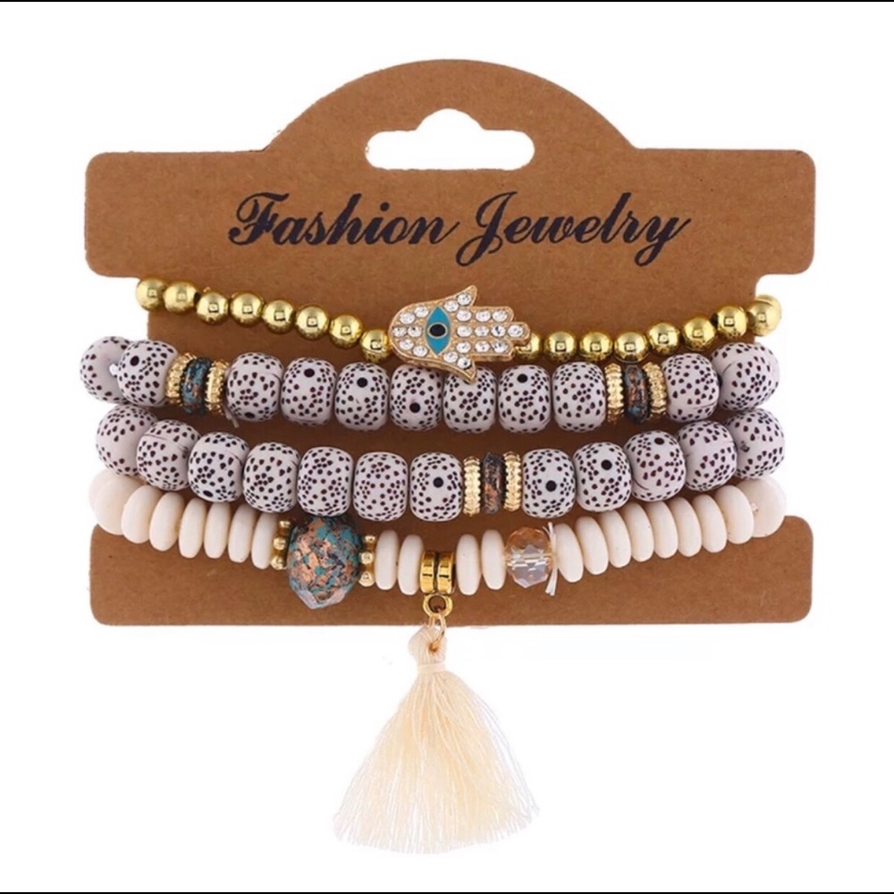 4pc WHITE boho bodhi hamsa tassel bracelet set - Picture 2 of 3